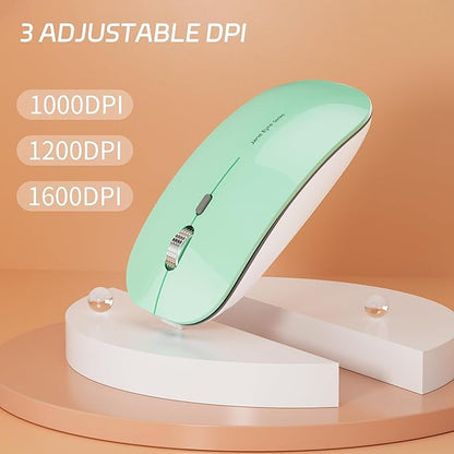 Uciefy Q5 Slim Rechargeable Wireless Mouse, 2.4G Portable Optical Silent Ultra Thin Wireless Computer Mouse with USB Receiver and Type C Adapter, Compatible with PC, Laptop, Desktop (Mint Green)