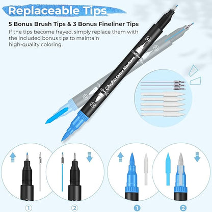 Ohuhu Markers for Adult Coloring Books No Bleeding 160 Colors Water-based Dual Tips Fineliner & Brush Coloring Markers for Kids Adults Beginners Drawing Pens for Journaling Lettering - Maui - Black