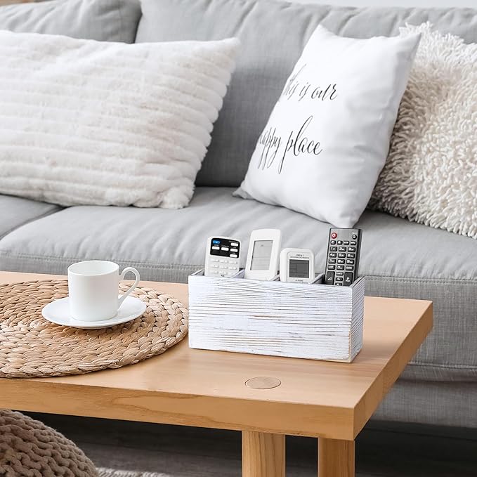 Pencil Pen Holder for Desk, White Washed Wood Office Desk Organizers and Accessories with 4 Slots for Countertop, Makeup Brush Holder Organizer for Bathroom Vanity, Silverware Caddy for Party