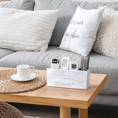 Pencil Pen Holder for Desk, White Washed Wood Office Desk Organizers and Accessories with 4 Slots for Countertop, Makeup Brush Holder Organizer for Bathroom Vanity, Silverware Caddy for Party