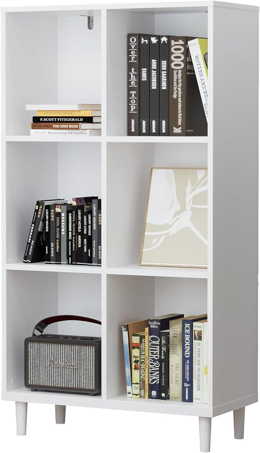 Wood Cube Storage Organizer White Bookshelf - 3-Tier Freestanding Storage Cabinet with Legs for Home Office, 6-Cubes Open Shelf