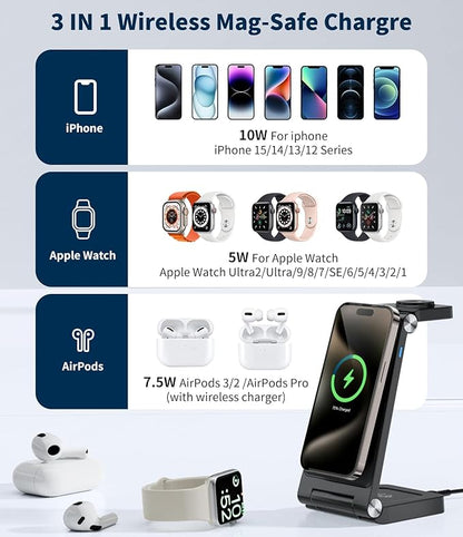 Magnetic Wireless Mag-Safe Charging Station, 3 in 1 Fast Max Charging for iPhone 16 15 14 13 12 Pro Max Plus, Apple Watch, Air Pods Pro - Space-Saving Multi-Device Stand (Black)