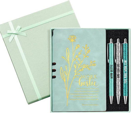 5 Pcs Work Besties Gifts for Women Set Leather Journal Ballpoint Pens with Box Thank You Appreciation Gift for Thanksgiving Christmas Birthday Work Bestie Gifts Coworker Friend (Green)