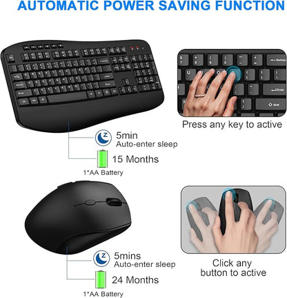 Wireless Keyboard Mouse Combo, EDJO 2.4G Full-Sized Ergonomic Keyboard with Comfortable Palm Rest and Optical Wireless Mouse for Windows, Mac OS PC/Desktops/Laptops (Black)