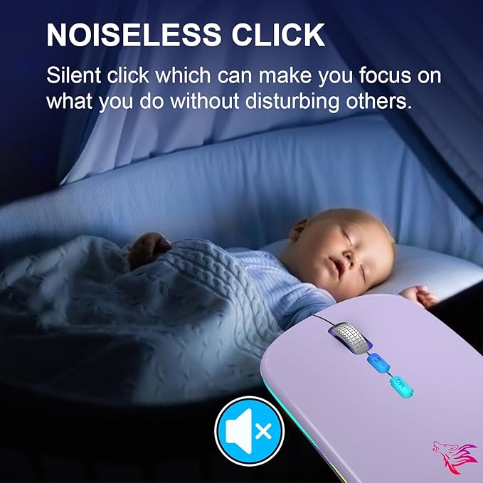 HOTLIFE Wireless Bluetooth Mouse, Slim Rechargeable LED Mouse, 2.4G Portable USB Optical Mouse with USB Receiver and Type C Adapter, Light Purple