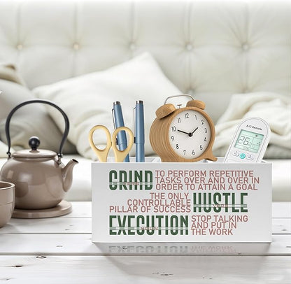 Motivational Office Pencil Pen Holder for Desk, Grind Hustle Execution Wooden Pencil Holder Organizer for Home Office Desk Accessories, Encouragement Gifts for Women
