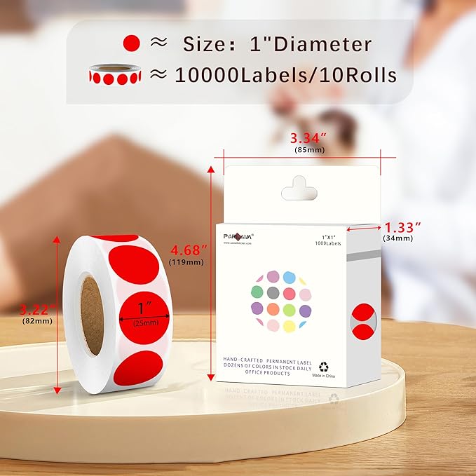 PARLAIM 1 Inch Round Color-Code Dot Stickers,10000per/10 Rolls dots Label Dispenser Box, Red Circle Stickers Label for Office Home (Red)
