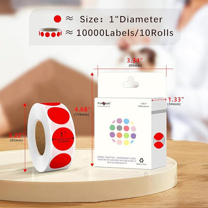 PARLAIM 1 Inch Round Color-Code Dot Stickers,10000per/10 Rolls dots Label Dispenser Box, Red Circle Stickers Label for Office Home (Red)