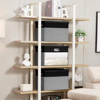 Fabric Clear Window Storage Bins with Lid, Closet Storage Box Linen Closet Baskets with 3 Handles for Organizing Clothing, Jeans, Shelves 17''- 3 Pack (Gray and Black)