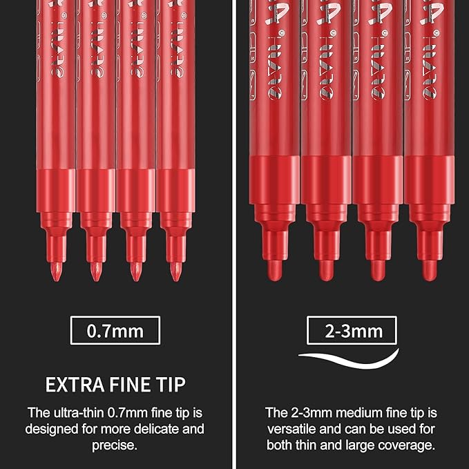 SFAIH Acrylic Red Paint Pens - 8 Pack 2-3MM Medium Tip & 0.7MM Extra Fine White Paint Marker for Rock Painting, Wood, Metal, Fabric, Canvas, Glass, Ceramic, Diy Crafts