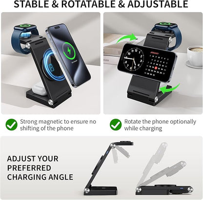 2025 Traveling Wireless Mag-Safe Fast Charging Station,Magnetic 3 in 1 Charger with Light for iPhone 17 16 15 14 13 12 Pro Max Plus,Apple Watch Series & Air pods 4 3 2 Pro-Gifts for Wife & Husband