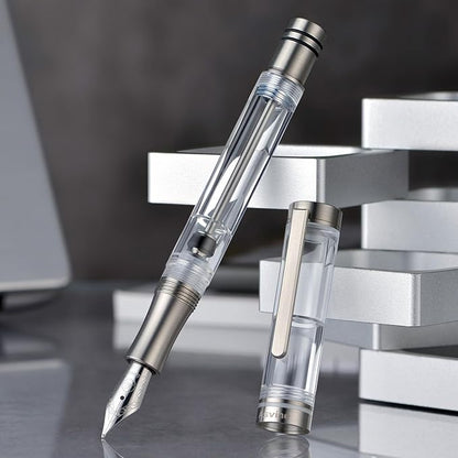 Asvine Vacuum Filling Fountain Pen Luxury Titanium Fine Point Pen V200 Series, Clear Demonstrator Smooth Writing Pen Gift Case