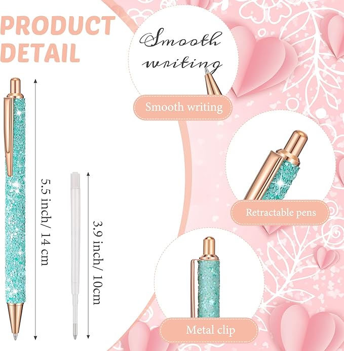 Sabary 12 Pcs Fancy Pens for Women Girls Glitter Sparkly Pretty Cute Pens with 12 Pcs Replacement Black Ink Refills Retractable Journaling Ballpoint Gifts for Christmas Office School Supplies