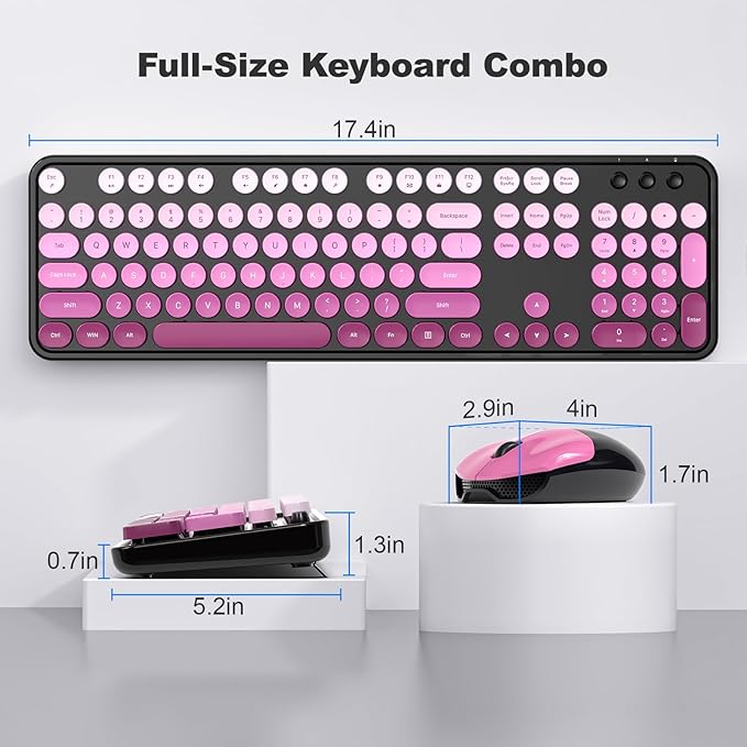 MOFII Wireless Keyboard and Mouse Combo, Full Size 2.4G Plug and Play Typewriter Retro Round Computer Keyboard and Mouse Set for Windows, Computer, Desktop, PC, Notebook - (Black Pink Gradient)