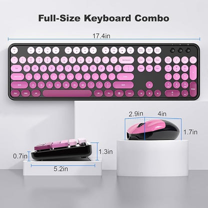 MOFII Wireless Keyboard and Mouse Combo, Full Size 2.4G Plug and Play Typewriter Retro Round Computer Keyboard and Mouse Set for Windows, Computer, Desktop, PC, Notebook - (Black Pink Gradient)