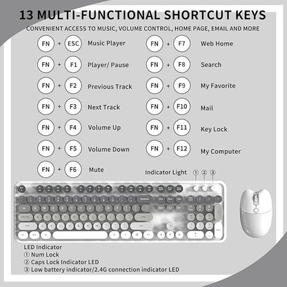 Creamy Wireless Keyboard and Mouse, MOFII 104 Round Keycaps Retro Typewriter with OTG & Brush, Full-Size Ergonomic, Ideal for Windows PC, Home, Office and College Gray White