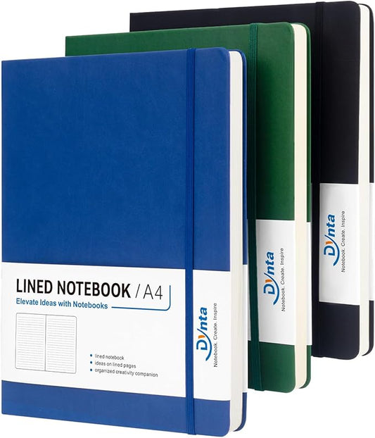 Dynta A4 Lined Journal Notebooks 3 Pack 8.5" x 11" Leather Hardcover Journals 200 Pages/100 Sheets Large Notebooks for Work, Journaling, Note Taking (Black, Green, Blue)