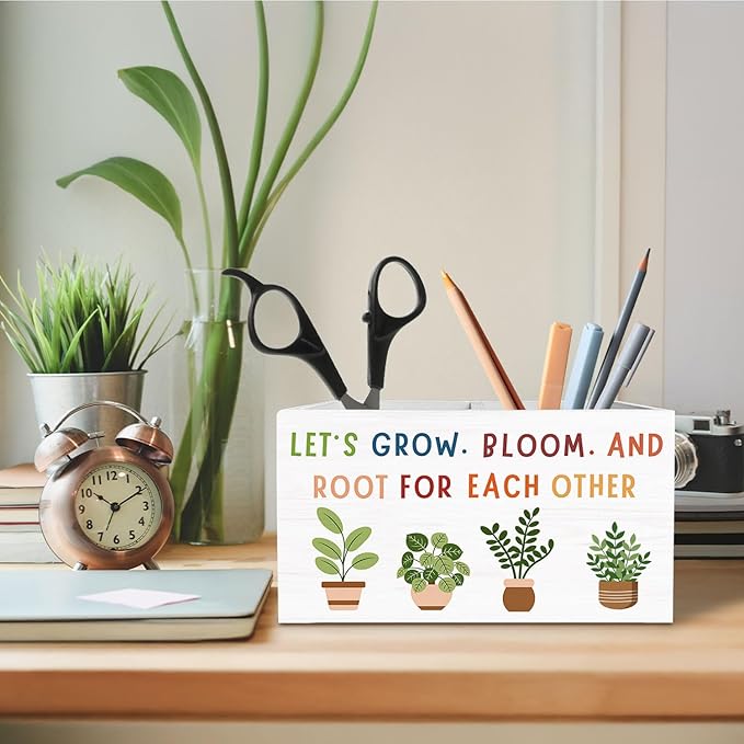 Boho Classroom Decor, Let's Root for Each Other Inspirational Pen Holder for Desk, Positive Botanical Wooden Box Sign Desk Decor for Office Home Decoration, Motivational Pencil Organizer