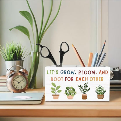 Boho Classroom Decor, Let's Root for Each Other Inspirational Pen Holder for Desk, Positive Botanical Wooden Box Sign Desk Decor for Office Home Decoration, Motivational Pencil Organizer