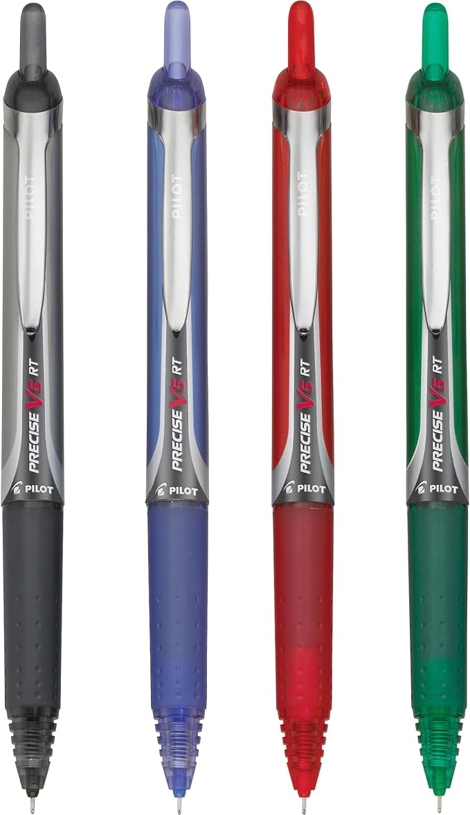 Pilot Precise V5 RT Refillable & Retractable Rolling Ball Pens, Extra Fine Point Pens, 0.5 mm, Black/Blue/Red/Green, Pack of 4 - Ideal for School, Journaling & Office Writing
