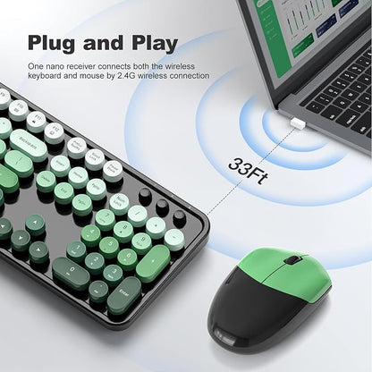 MOFII Wireless Keyboard and Mouse Combo, Full Size 2.4G Plug and Play Typewriter Retro Round Computer Keyboard and Mouse Set for Windows, Computer, Desktop, PC, Notebook - (Black Green Gradient)