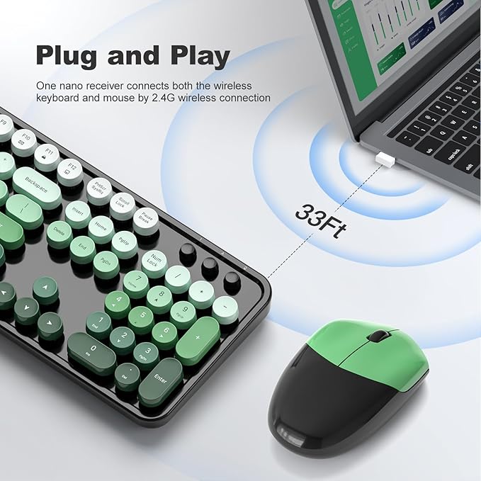 Wireless Keyboard and Mouse Combo, MOWUX Full Size Typewriter Retro Round Computer Keyboard, Cute Optical Mouse Wireless, Plug and Play, for Laptop, PC, Computer-Green Gradient Colorful