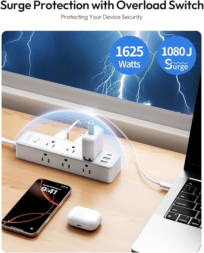Flat Extension Cord 15 FT, Surge Protector Power Strip with 9 Widely Outlets and 3 USB (1 USB-C), Extension Cord with Multiple Outlets, 1080 Joule, Wall Mount, for Home Office, Dorm,White