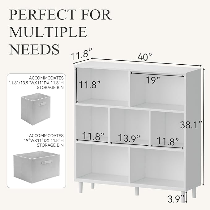 Wood Cube Storage Organizer White Bookshelf - 3-Tier Freestanding Storage Cabinet with Legs for Home Office, 7-Cubes Open Shelf