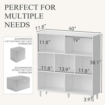 Wood Cube Storage Organizer White Bookshelf - 3-Tier Freestanding Storage Cabinet with Legs for Home Office, 7-Cubes Open Shelf