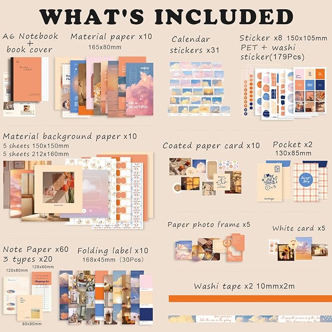 Draupnir Aesthetic Scrapbook Kit(348pcs), Bullet Junk Journal Kit with Journaling/Scrapbooking Supplies, Stationery,A6 Grid Notebook with Graph Ruled Pages DIY Scrapbook Gift for Teen Girl Kid(Sunset)