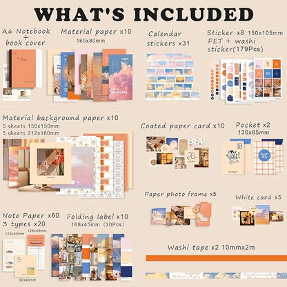 Draupnir Aesthetic Scrapbook Kit(348pcs), Bullet Junk Journal Kit with Journaling/Scrapbooking Supplies, Stationery,A6 Grid Notebook with Graph Ruled Pages DIY Scrapbook Gift for Teen Girl Kid(Sunset)