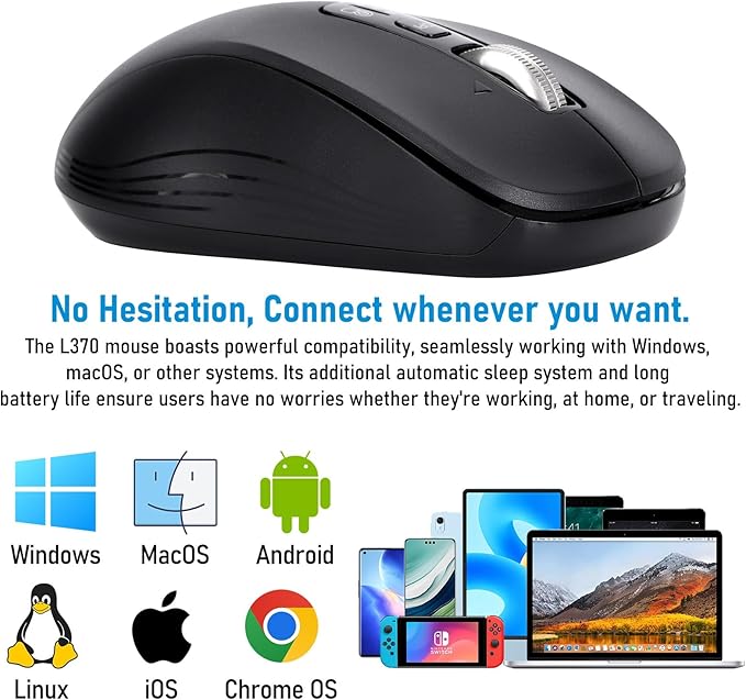 Wireless Mouse with 2 Bluetooth and 1 USB, 4-Way Scrolling, Full Size Mouse, Silent, Long Battery Life, Adjustable Cursor Speed, for Computer, Laptop, Tablets, iPad, Desktop, MacBook (No Side buttons)