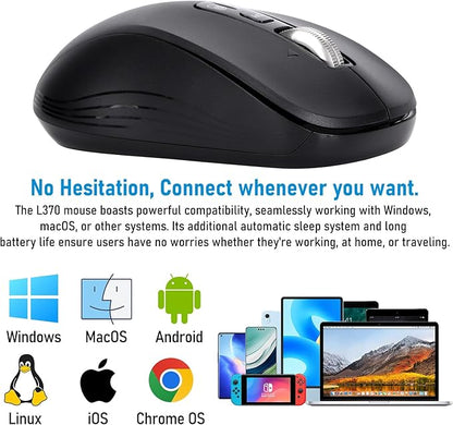Wireless Mouse with 2 Bluetooth and 1 USB, 4-Way Scrolling, Full Size Mouse, Silent, Long Battery Life, Adjustable Cursor Speed, for Computer, Laptop, Tablets, iPad, Desktop, MacBook (No Side buttons)