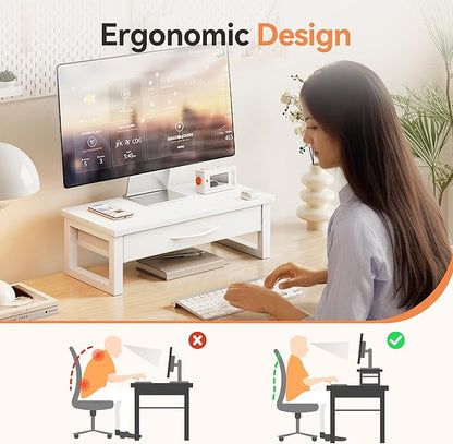 Desk Organizers and Accessories, Computer Monitor Stand Riser with Drawer, White Laptop Stand for Desk with Storage, Office Organization, Wood