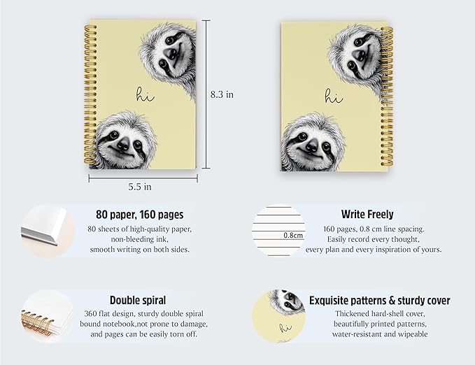 Sloth Notebook Journal,Yellow Cute Animal Notebook Journal for School Women Teen Girls Kids,Gifts for Sloth Lovers,Hardcover Spiral Notebooks for Work Notes Journaling,5.5x8.3 Inch