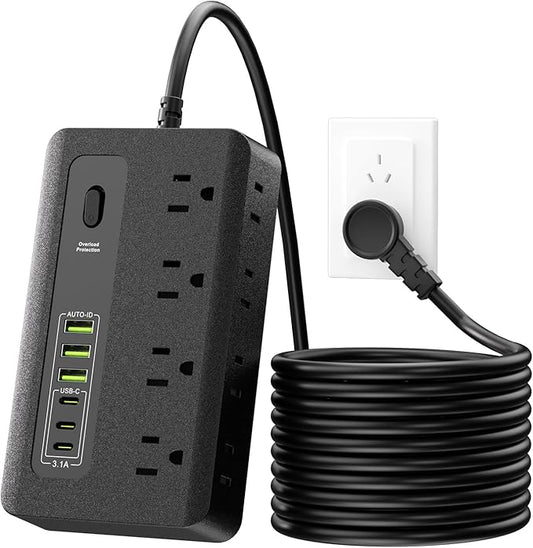 10FT Power Strip Overload Protection with Multiple Outlets 6 AC Outlets,6 USB Ports,3.1A Fast Charging,Long Extension Cord for Home Office (Black)