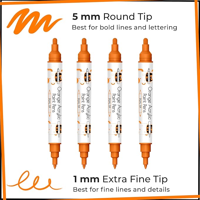 4 Dual Tip Orange Paint Pen Metallic - Fine Tip & Medium Acrylic Paint Markers - Orange Marker for Metal, Wood, Rock Painting, Canvas, Ceramic, Glass, Fabric, Leaf and Plastic - Water-based Ink