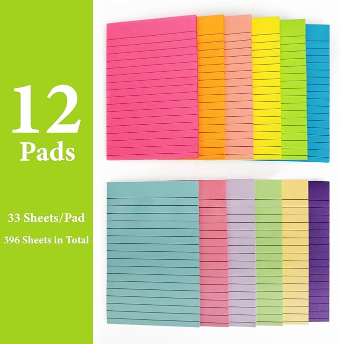 NESCCI 12 Pads Lined Sticky Notes 4x6 Sticky Notes with Lines Self-Stick Note Pads 12 Bright Multi Colors Big Rectangular Sticky Note for Office,Home,School, Meeting, 33 Sheet/Pad
