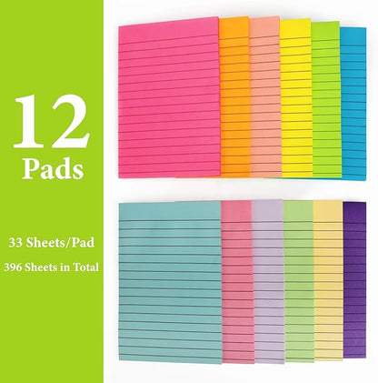 NESCCI 12 Pads Lined Sticky Notes 4x6 Sticky Notes with Lines Self-Stick Note Pads 12 Bright Multi Colors Big Rectangular Sticky Note for Office,Home,School, Meeting, 33 Sheet/Pad