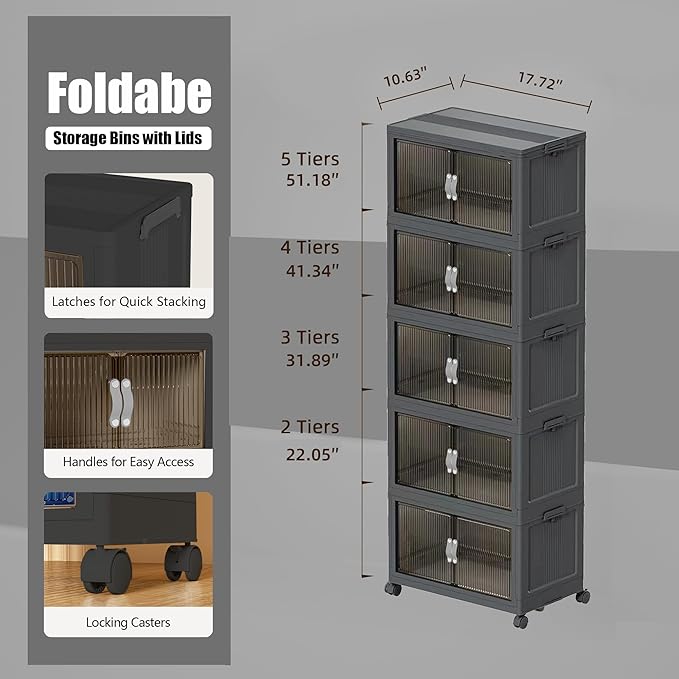 Stackable Storage Bins, Collapsible Stackable Storage Containers Bin with Doors & Wheels, Folding Plastic Closet Foldable Cabinet Storage Boxes for Home, Pantry, Office, (S, Gray 5-Tier)