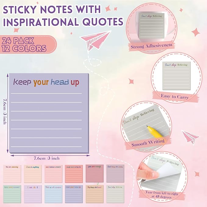 Yinder 24 Pcs Inspirational Sticky Notes Christmas Stocking Stuffers Motivational Sticky Notes Pad Employee Appreciation Gift Bulk for Teacher Nurse Coworker Office 3 x 3'' (Motivation,Aesthetics)