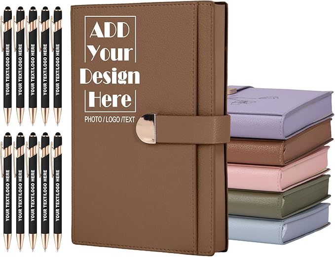 ENOMY Personalized Notebook Journal & 10 PC Pens Gift Set A5 Hardcover Notebook 300 Pages Thick Lined Journal for Men Women Custom Notebooks for Work College Travel Writing, Brown