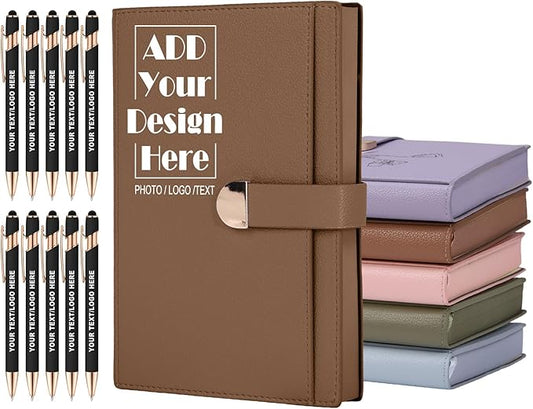 ENOMY Personalized Notebook Journal & 10 PC Pens Gift Set A5 Hardcover Notebook 300 Pages Thick Lined Journal for Men Women Custom Notebooks for Work College Travel Writing, Brown
