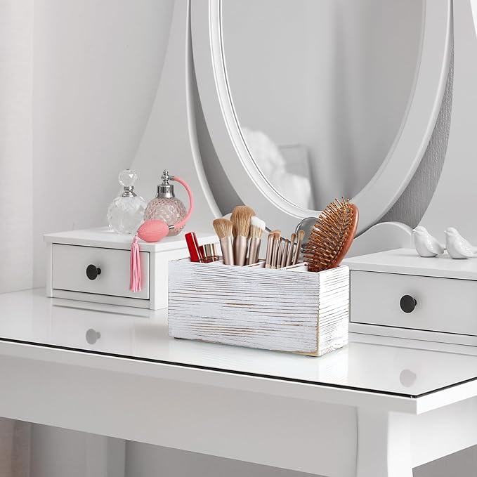Pencil Pen Holder for Desk, White Washed Wood Office Desk Organizers and Accessories with 4 Slots for Countertop, Makeup Brush Holder Organizer for Bathroom Vanity, Silverware Caddy for Party