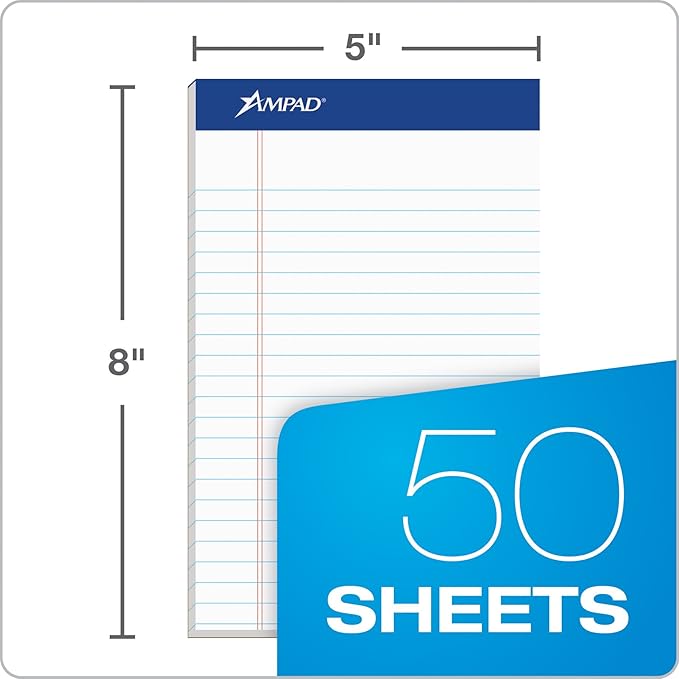 Ampad 5 x 8 Legal Pads, 12 Pack, Narrow Ruled, White Paper, 50 Sheets Per Writing Pad, American Pad & Paper, Made in USA (20-364)