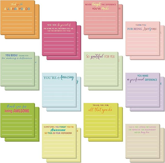 Yinder 24 Pcs Employee Appreciation Sticky Notes Xmas Gift Bulk Motivation Note Pads Mini Inspirational Note Gift for Teacher Nurse Staff Coworker Office Supply 3 x 3'' (Appreciation,Macaron Color)