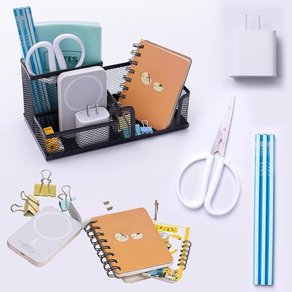 Pen Holder Mesh Metal Pencil Holder Desk Organizers Black for Desk Office with 3 Compartments Pencil Holders,Desktop Storage Caddy Organization,Suitable for School, Home,Black