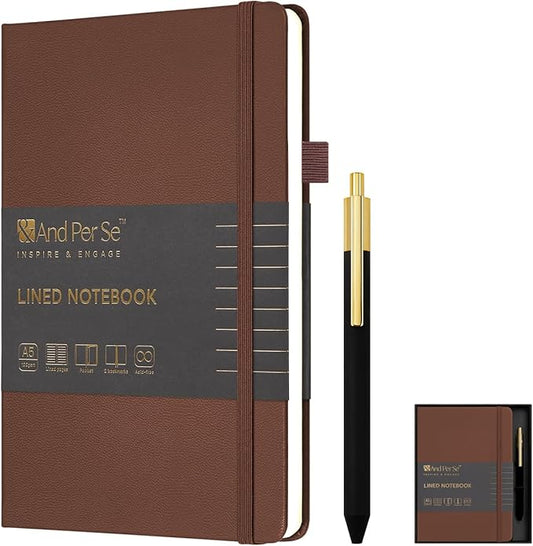 &And Per Se Lined Journal and Pen Set, A5 Leather Journal Stationery Set, 160 Pages 100GSM Thick Paper, Notebook Gift Set (Brown)