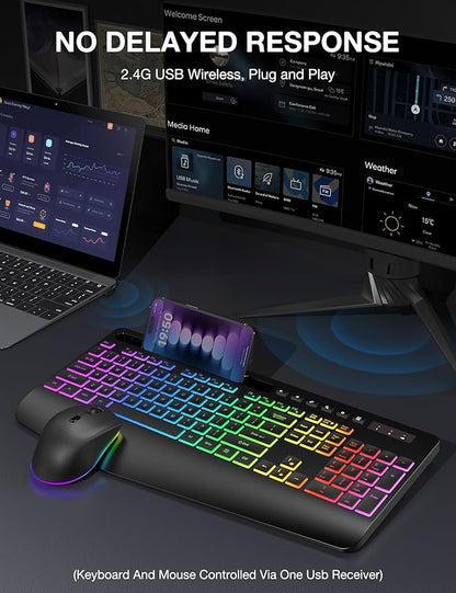 Wireless Keyboard and Mouse Combo - 9 Backlit Effects, RGB, Ergonomic Wrist Rest, Phone Holder, 2.4G Full Size, Rechargeable, Sleep Mode, Quiet Keyboard Set for Computer, PC, Laptop, Mac, Windows