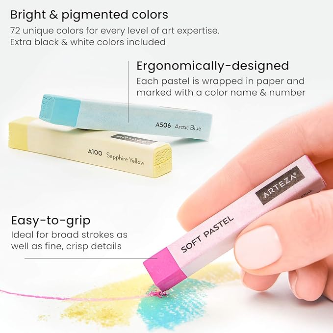 ARTEZA Soft Pastels for Artists, Set of 72 Chalk Pastels for Artists Sticks, Chalk Crayons Art Supplies for Drawing, Blending, Layering, and Shading